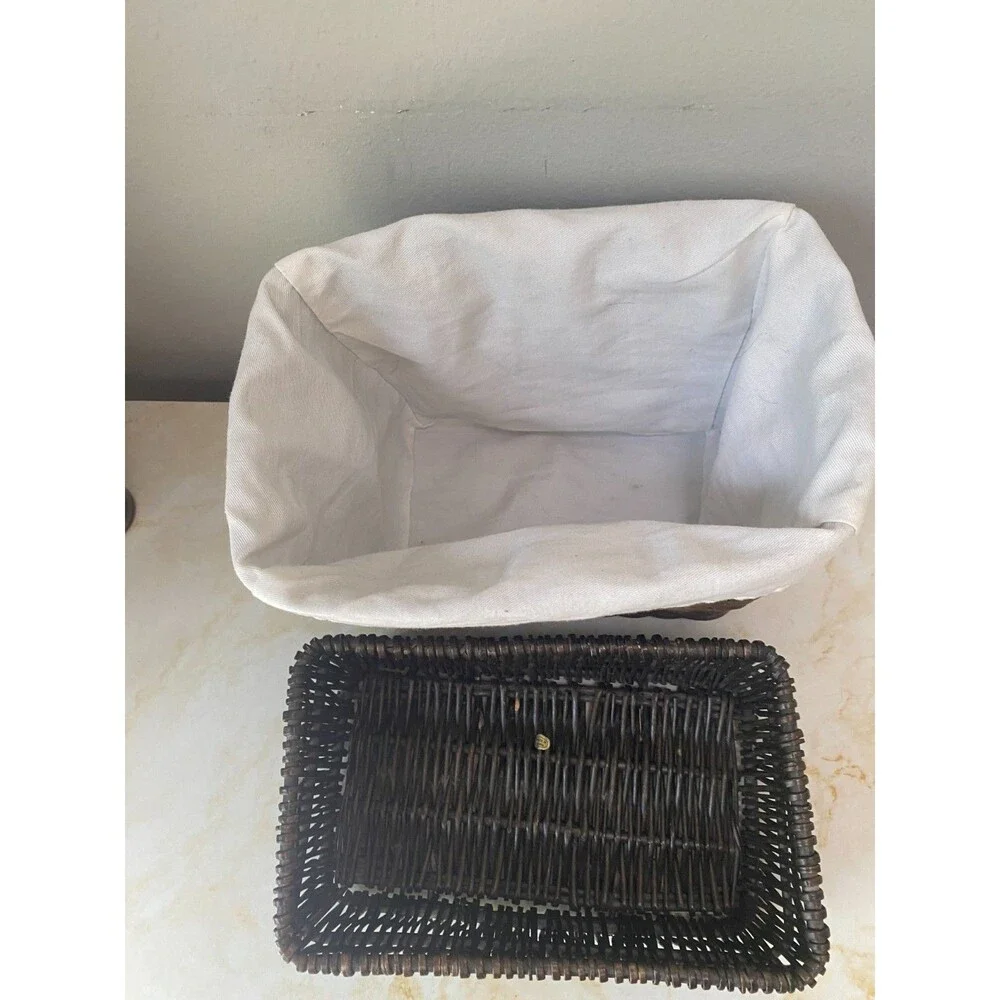 Set of 2 Vintage Cottagecore Dark Brown Wicker Basket Rattan, Linen/Cotton lined